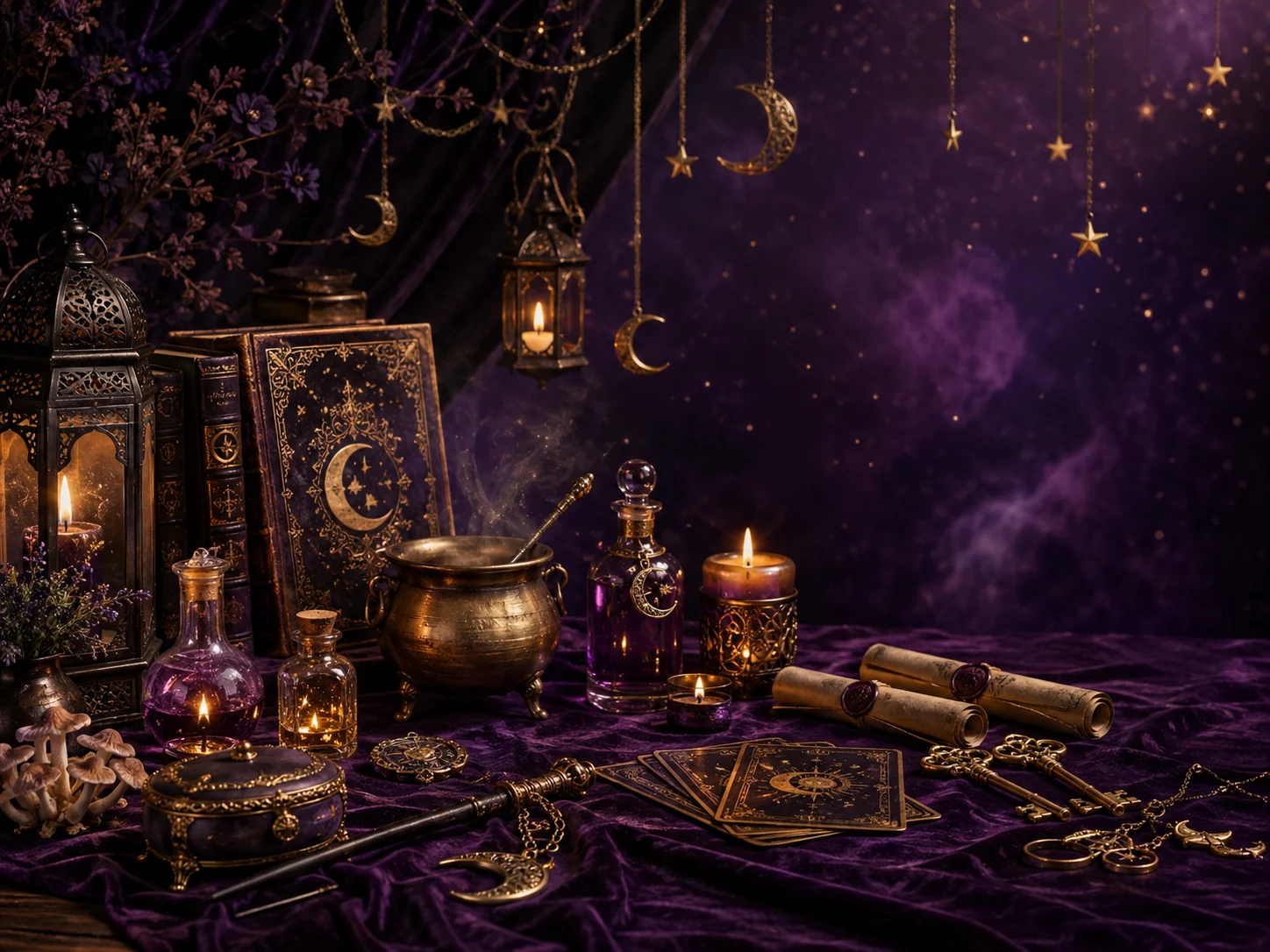 Witchy magical treasures arranged on purple velvet