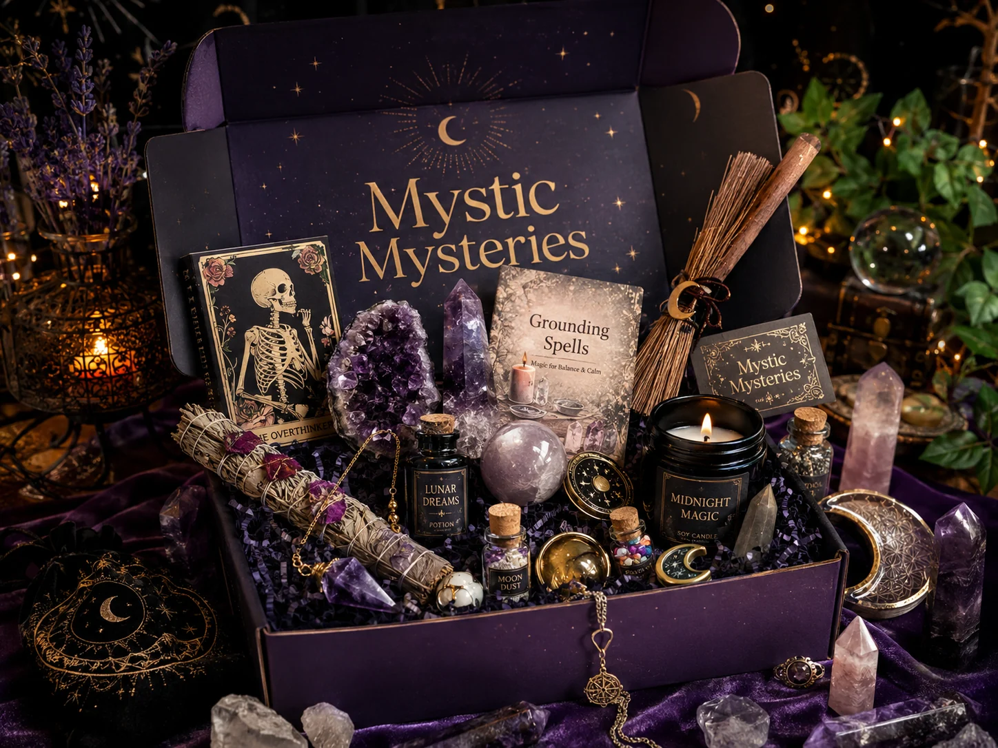 Mystic Witch Mystery Box filled with crystals and magical treasures